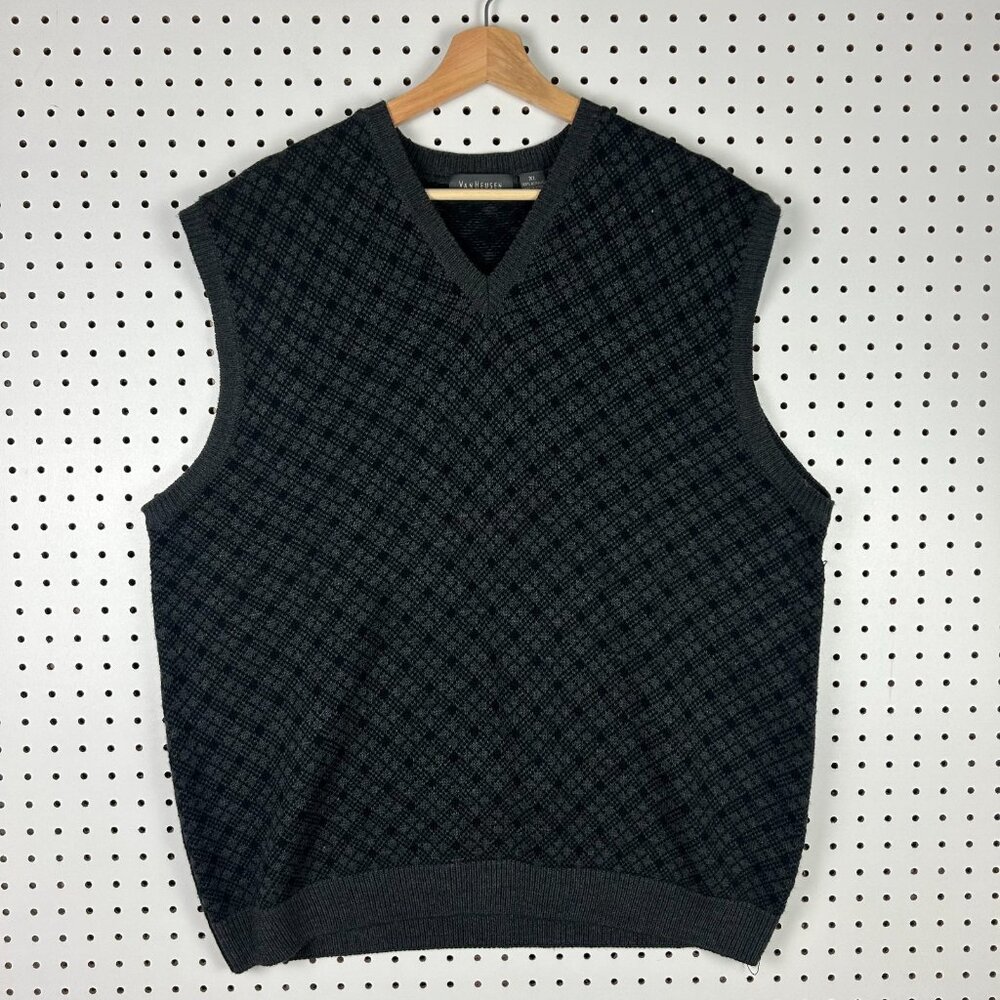 Van Heusen Chunky Knit‎ Sweater Vest Size XL Black Gray Grandpa 90s Golf Preppy